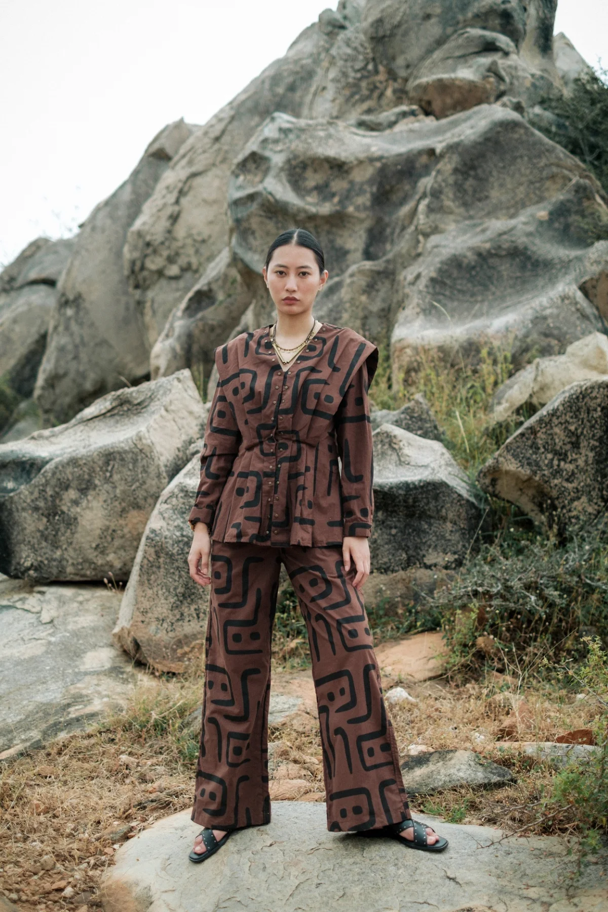 Model wearing an earth-toned printed co-ord from Savanna